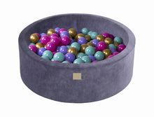 Load image into Gallery viewer, Baby Foam Round Ball Pit 90x30cm with 200 Balls 7cm Certified, Velvet, Blue-Gray: Dark Pink/Gold/Turquoise/Violet