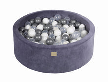 Load image into Gallery viewer, Baby Foam Round Ball Pit 90x30cm with 200 Balls 7cm Certified, Velvet, Blue-Gray: Silver/White/Transparent