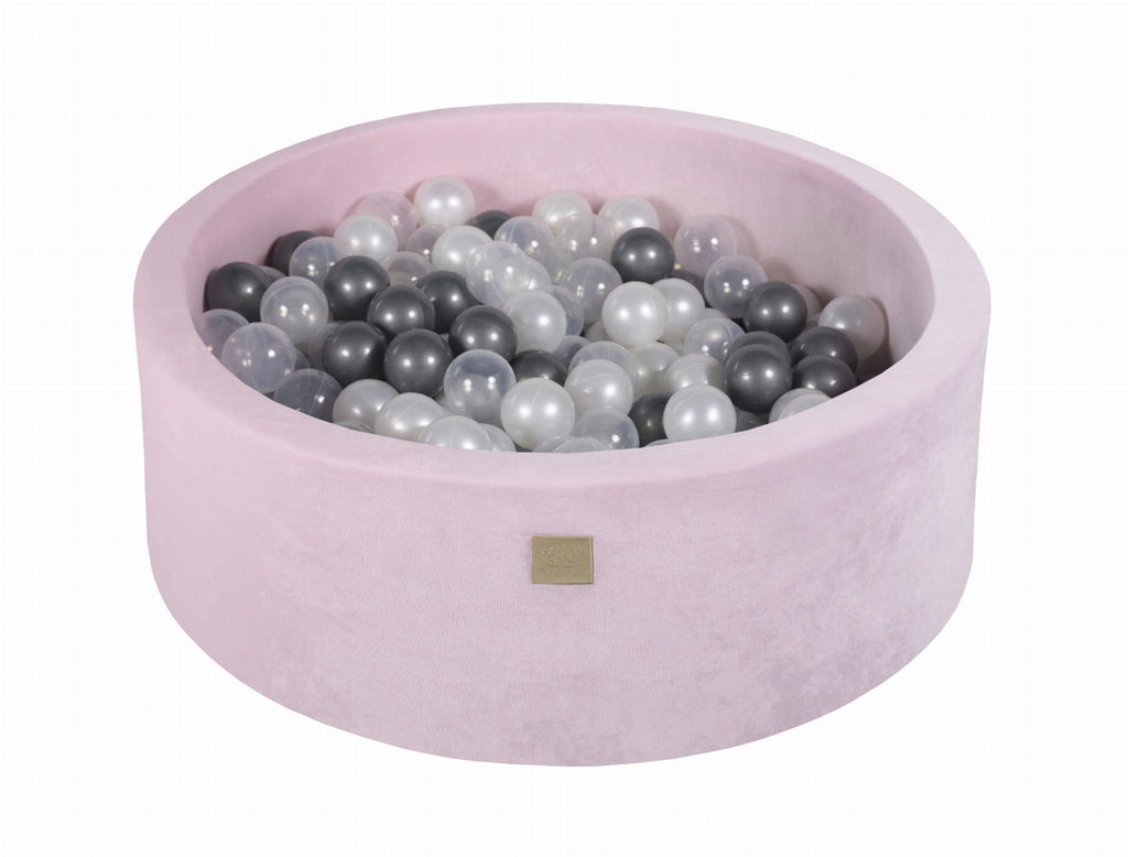 Baby Foam Round Ball Pit 90x30cm with 200 Balls 7cm Certified, Velvet, Pastel Pink: Silver/White Pearl/Transparent