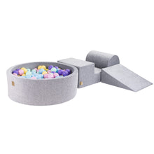 Cargar imagen en el visor de la galería, Foam 3 elements Playset with Ball Pit 90x30cm with 200 Balls Certified, Velvet, Light Grey:  Baby Blue/Pastel Pink/Pastel Yellow/Purple/Mint