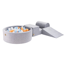 Cargar imagen en el visor de la galería, Foam 3 elements Playset with Ball Pit 90x30cm with 200 Balls Certified, Velvet, Light Grey: Peach/Baby Blue/White Pearl