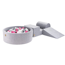 Cargar imagen en el visor de la galería, Foam 3 elements Playset with Ball Pit 90x30cm with 200 Balls Certified, Velvet, Light Grey: Light Pink/Grey/White