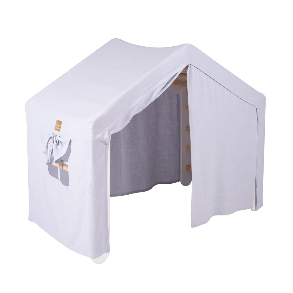 Climbing Ladder Large House 112x61x94 cm Indoor Traingle with Tent. Wood, Linen, Viscose, Gray and Blue House, White ladder