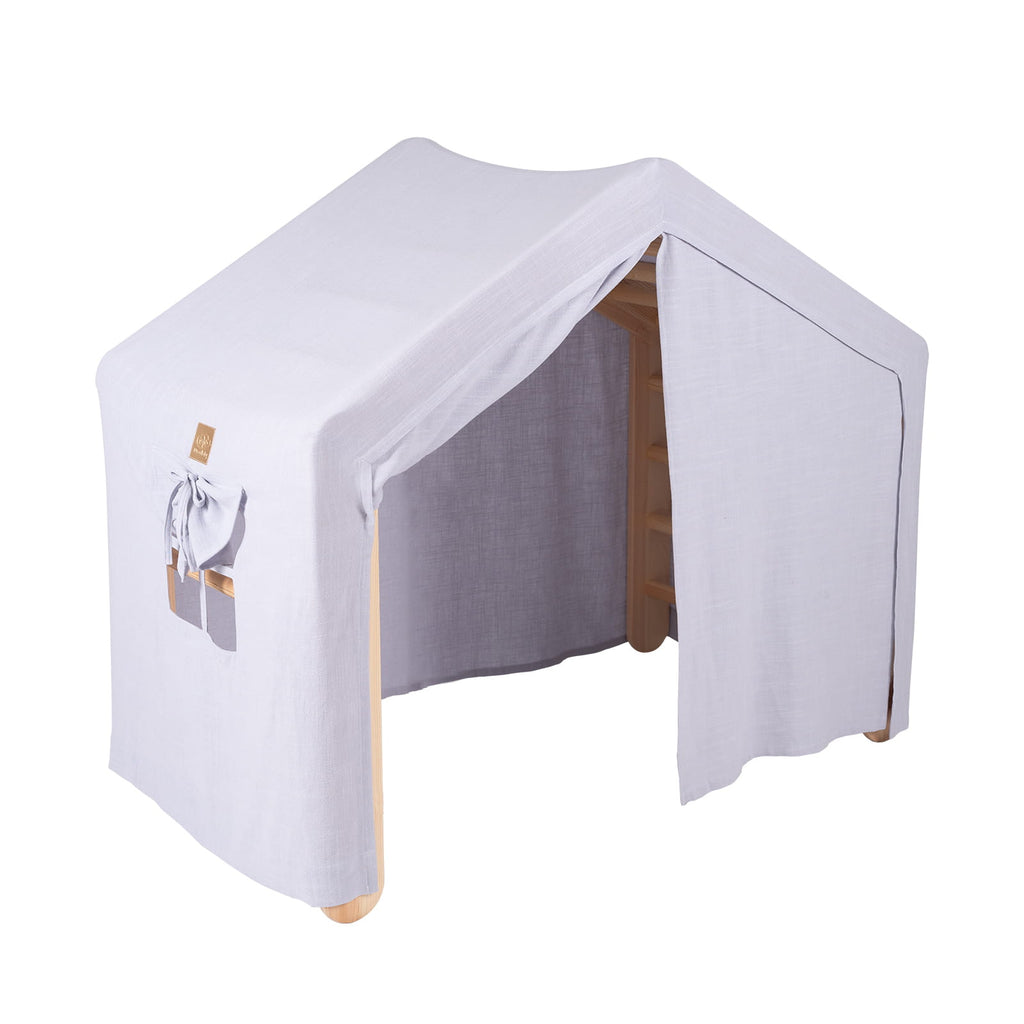 Climbing Ladder Large House 112x61x94 cm Indoor Traingle with Tent. Wood, Linen, Viscose, Gray and Blue House, Natural ladder