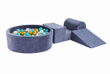 Cargar imagen en el visor de la galería, Foam 3 elements Playset with Ball Pit 90x30cm with 200 Balls Certified, Velvet, Blue-Gray: Turquoise/Gold/Transparent/White Pearl