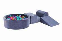 Cargar imagen en el visor de la galería, Foam 3 elements Playset with Ball Pit 90x30cm with 200 Balls Certified, Velvet, Blue-Gray: Gold/Dark Pink/Turquoise/Lila