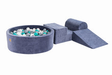 Cargar imagen en el visor de la galería, Foam 3 elements Playset with Ball Pit 90x30cm with 200 Balls Certified, Velvet, Blue-Gray: White/Grey/Turquoise