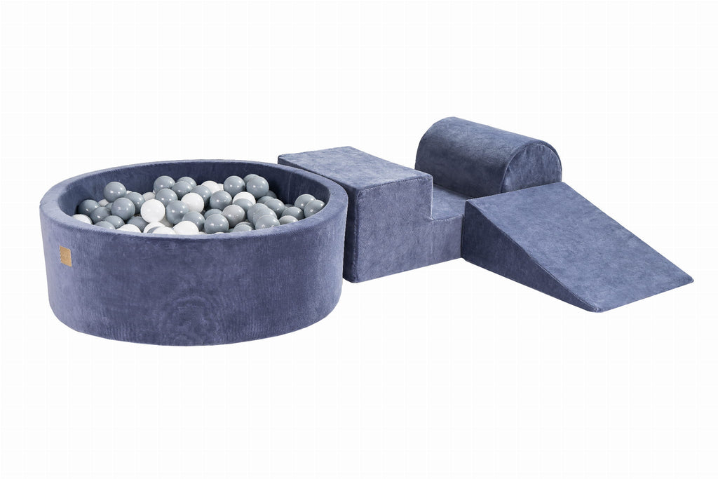 Foam 3 elements Playset with Ball Pit 90x30cm with 200 Balls Certified, Velvet, Blue-Gray: Grey/White