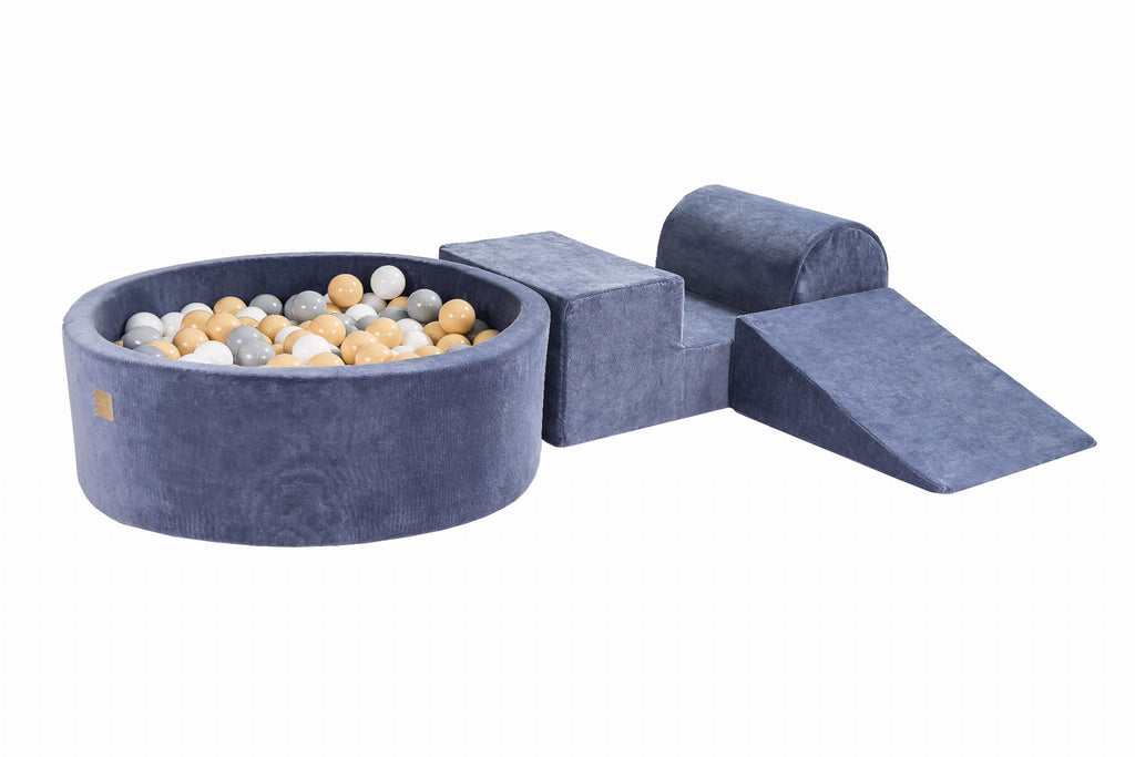 Foam 3 elements Playset with Ball Pit 90x30cm with 200 Balls Certified, Velvet, Blue-Gray: Grey/Beige/White