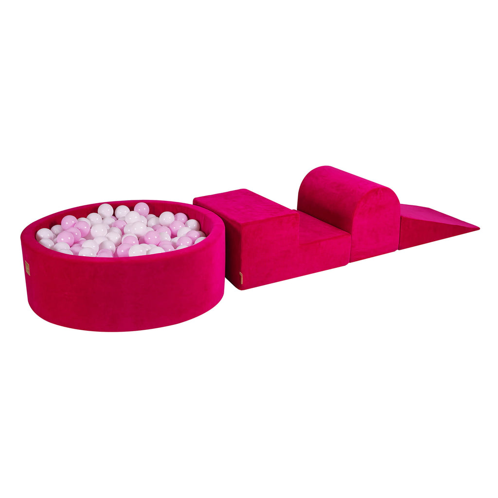 Foam 3 elements Playset with Ball Pit 90x30cm with 200 Balls Certified, Velvet, Magenta: White/Pastel Pink