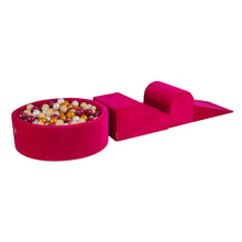 Cargar imagen en el visor de la galería, Foam 3 elements Playset with Ball Pit 90x30cm with 200 Balls Certified, Velvet, Magenta: Burgundy Pearl/Gold/White Pearl/Beige