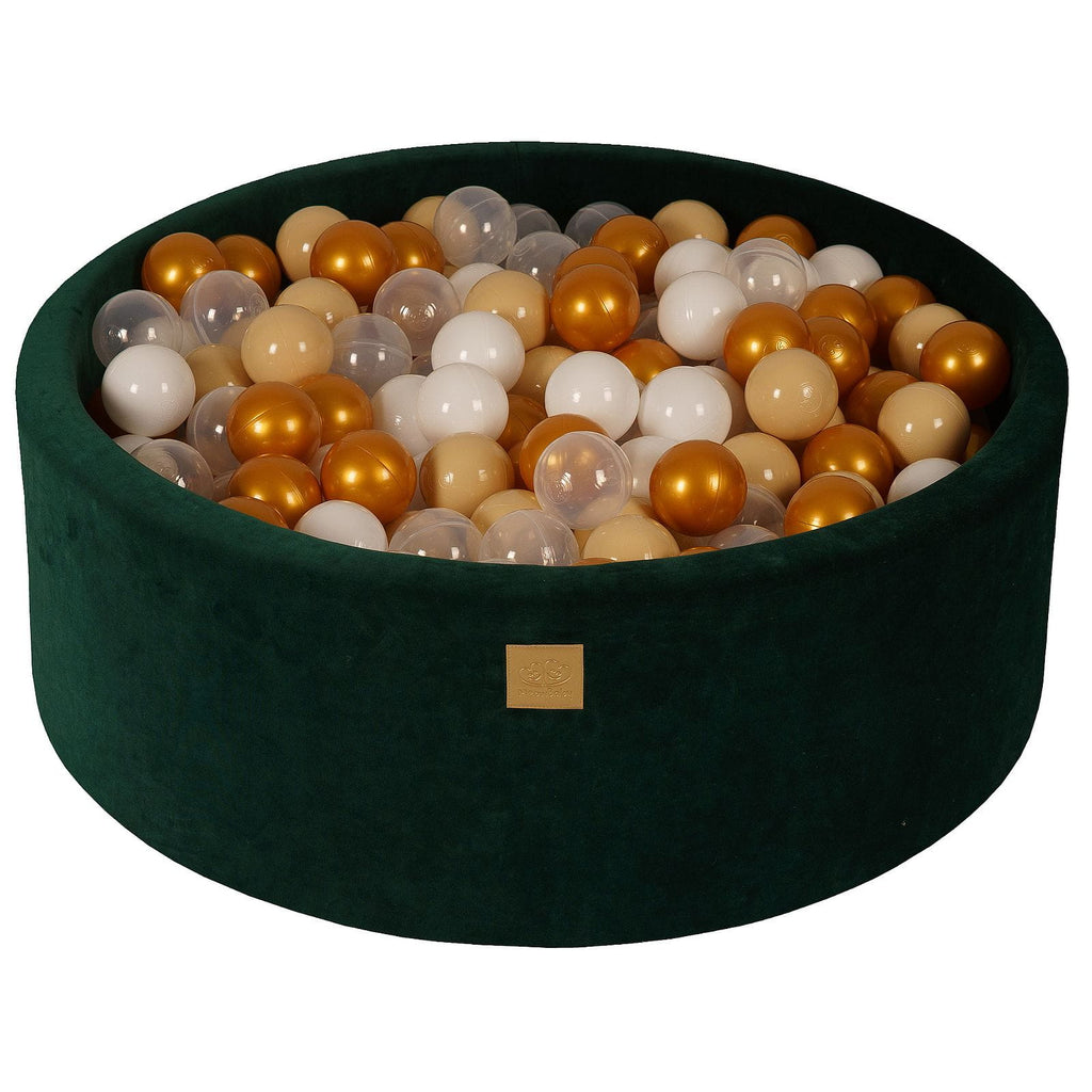 Baby Foam Round Ball Pit 90x30cm with 200 Balls 7cm Certified, Velvet, Dark Green:Gold/Beige/White/Transparent