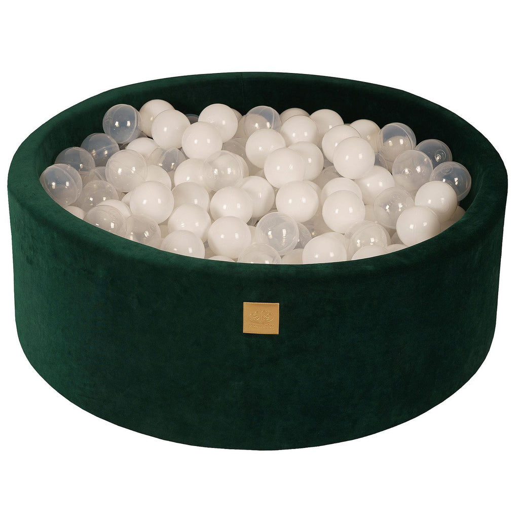 Baby Foam Round Ball Pit 90x30cm with 200 Balls 7cm Certified, Velvet, Dark Green: White/Transparent