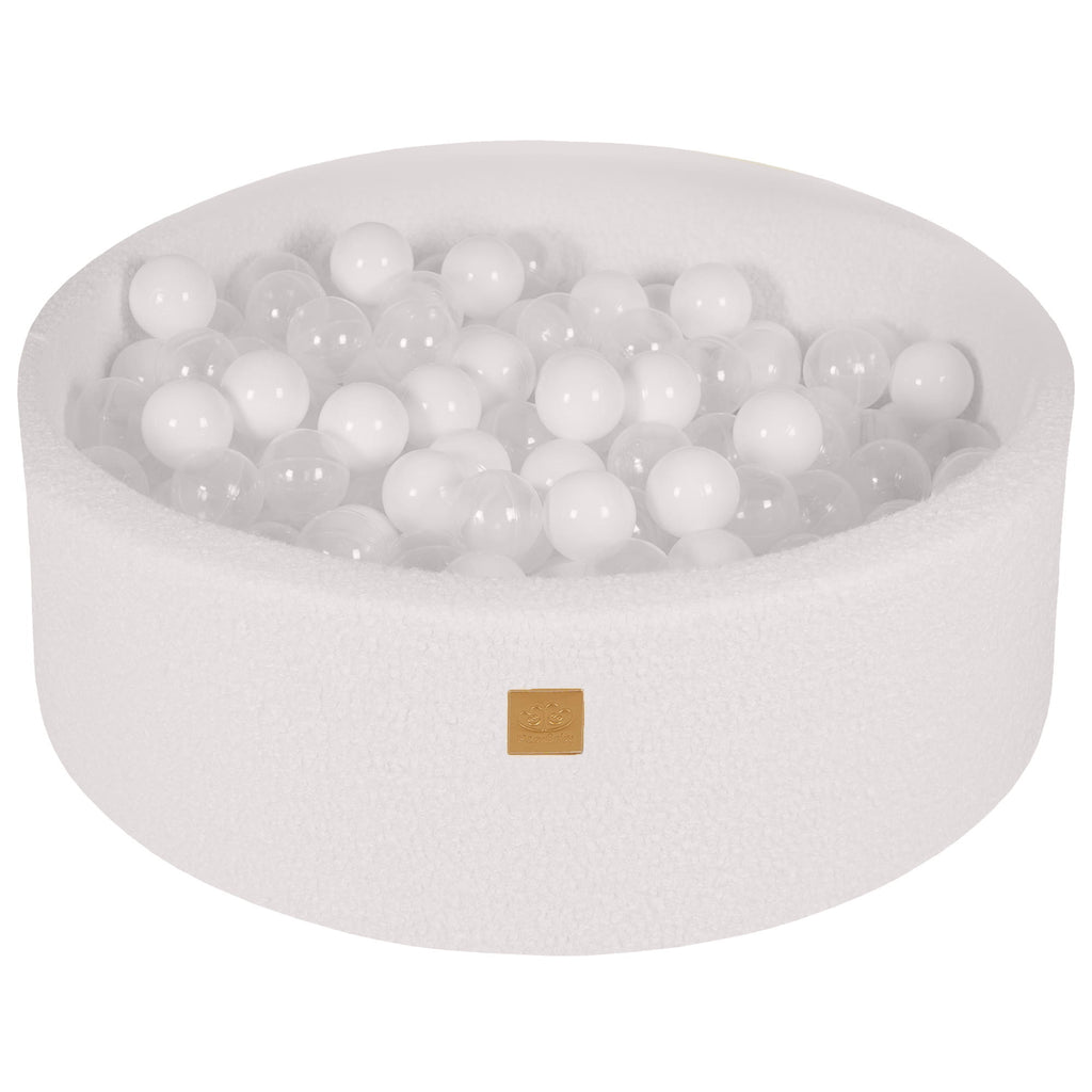 Baby Foam Round Ball Pit 90x30cm with 200 Balls 7cm Certified, Boucle, White: White/Transparent