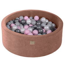 Laden Sie das Bild in den Galerie-Viewer, Baby Foam Round Ball Pit 90x30cm with 200 Balls 7cm Certified, Velvet, Beige: Pastel Pink/White Pearl/Silver/Gray