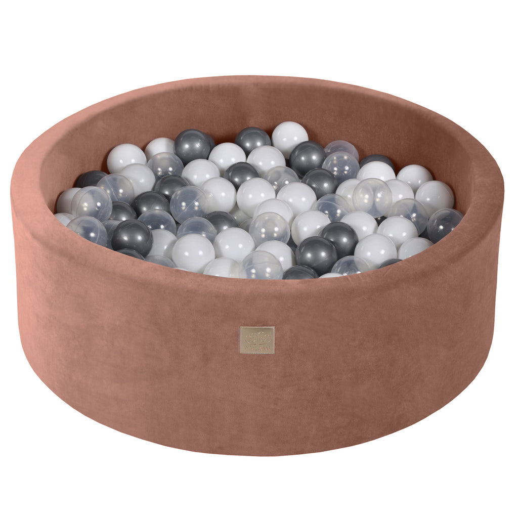 Baby Foam Round Ball Pit 90x30cm with 200 Balls 7cm Certified, Velvet, Beige: Silver/White/Transparent