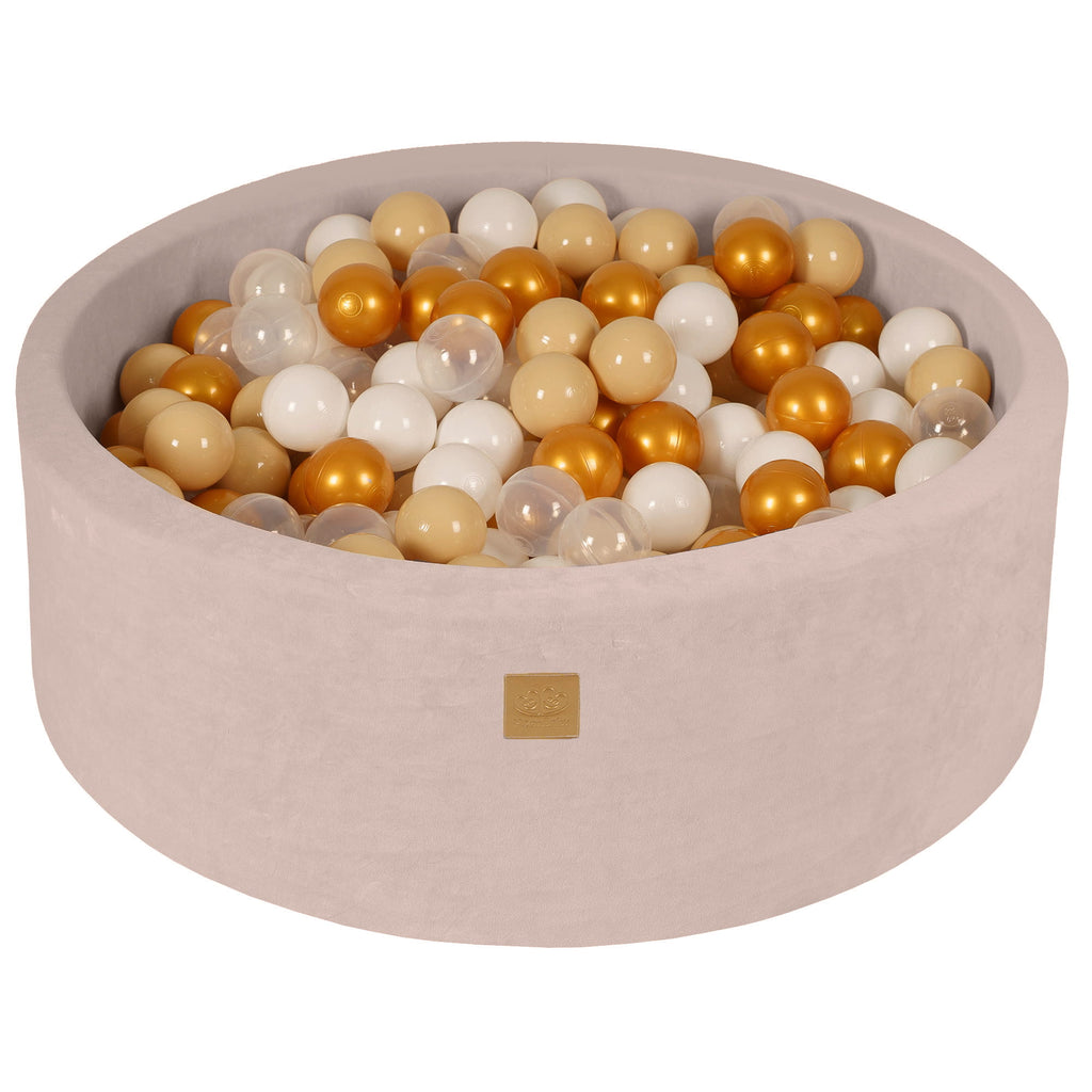 Baby Foam Round Ball Pit 90x30cm with 200 Balls 7cm Certified, Velvet, Ecru: Gold/Beige/White/Transparent