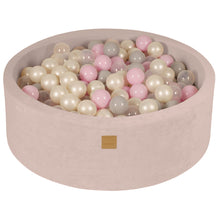 Cargar imagen en el visor de la galería, Baby Foam Round Ball Pit 90x30cm with 200 Balls 7cm Certified, Velvet, Ecru: Transparent/Pastel pink/White pearl/Gray