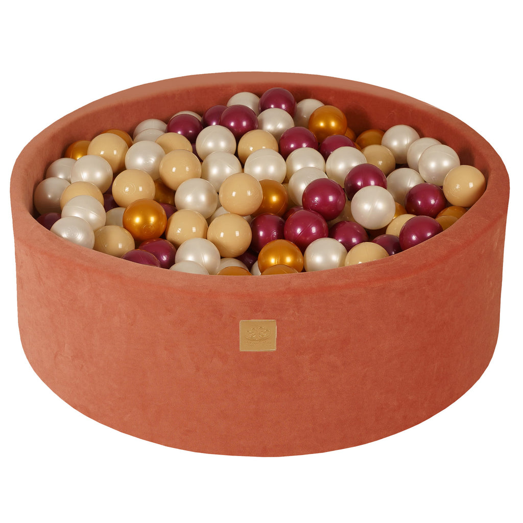 Baby Foam Round Ball Pit 90x30cm with 200 Balls 7cm Certified, Velvet, Marsala Red: Burgundy Pearl/Gold/White pearl/Beige