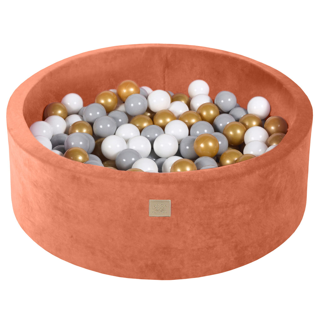 Baby Foam Round Ball Pit 90x30cm with 200 Balls 7cm Certified, Velvet, Marsala Red: Gray/Gold/White