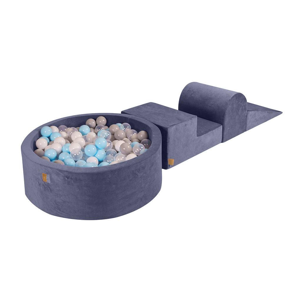 Foam 3 elements Playset with Ball Pit 90x30cm with 200 Balls Certified, Velvet, Grey Blue: Babyblue/Gray/White/Transparent