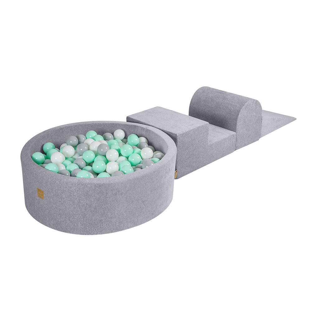 Foam 3 elements Playset with Ball Pit 90x30cm with 200 Balls Certified, Velvet, Light Grey: White/Gray/Mint