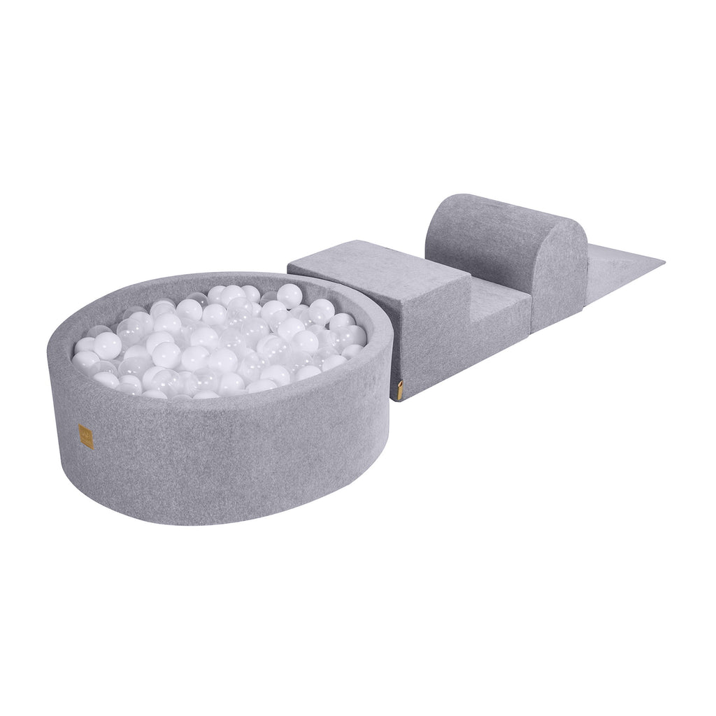 Foam 3 elements Playset with Ball Pit 90x30cm with 200 Balls Certified, Velvet, Light Grey: White/Transparent