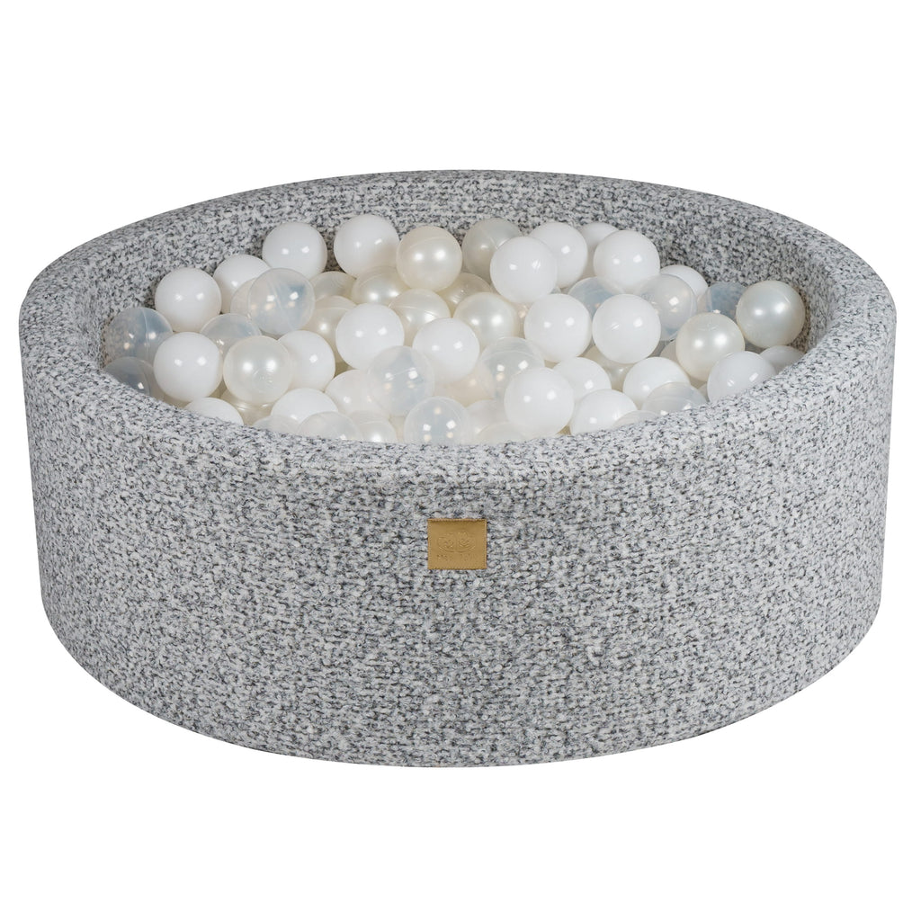 Baby Foam Round Ball Pit 90x30cm with 200 Balls 7cm Certified, Boucle, Marled Grey: White/White Pearl/Transparent