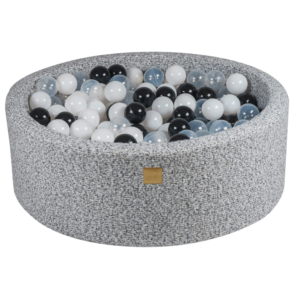 Baby Foam Round Ball Pit 90x30cm with 200 Balls 7cm Certified, Boucle, Marled Grey: Black/White/Transparent