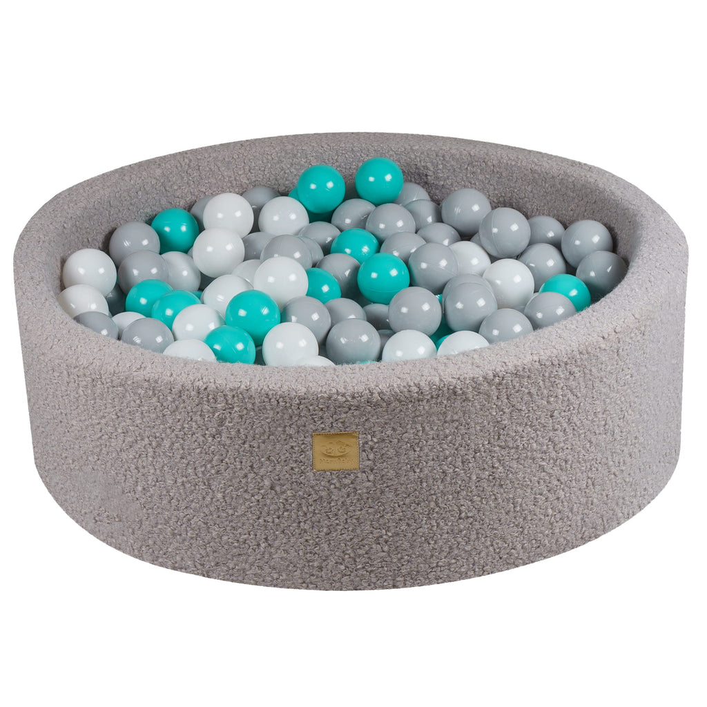 Baby Foam Round Ball Pit 90x30cm with 200 Balls 7cm Certified, Boucle, Grey: White/Grey/Turquoise