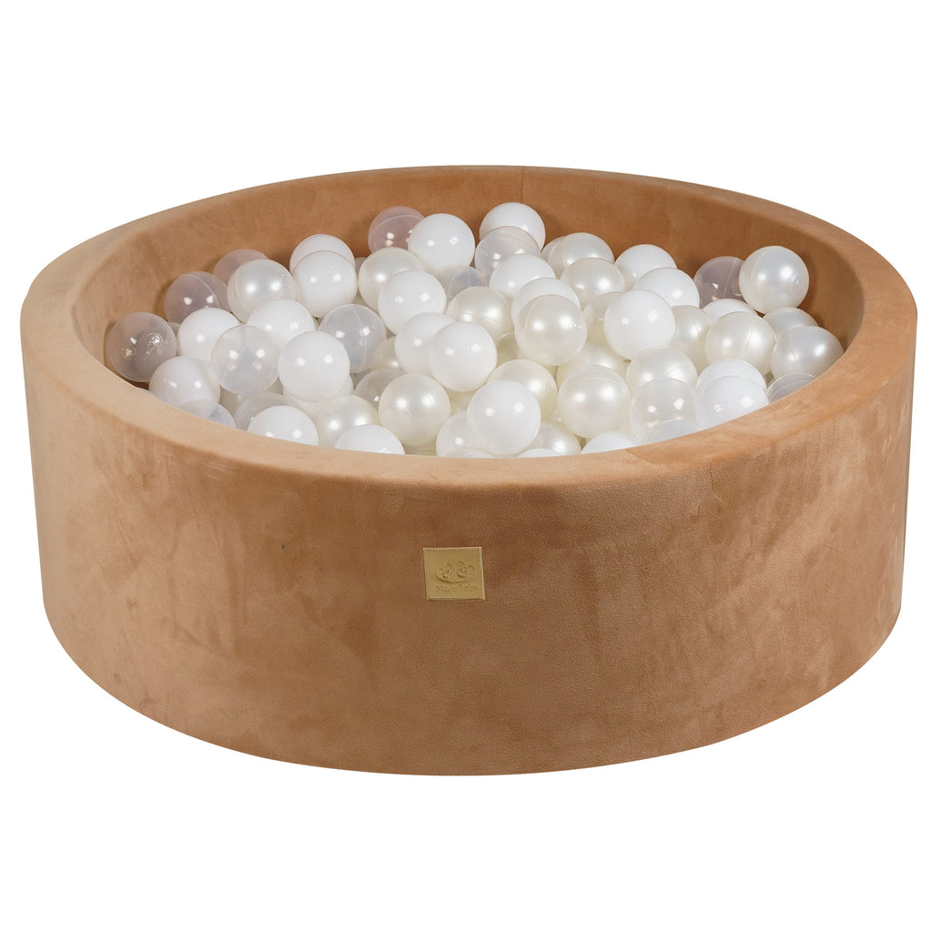 Baby Foam Round Ball Pit 90x30cm with 200 Balls 7cm Certified, Supersoft Velvet, Caramel: White/White Pearl/Transparent