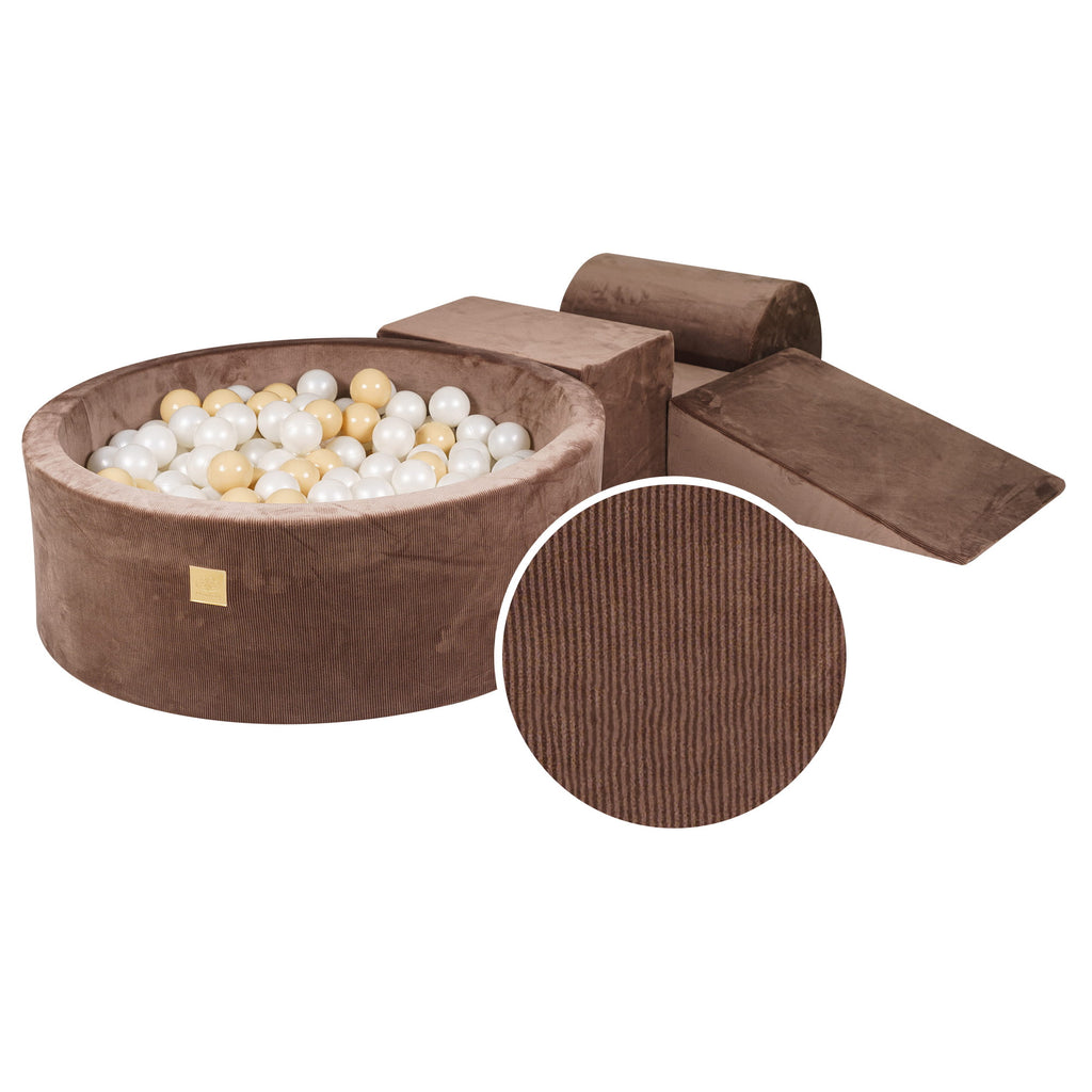 Foam 3 elements Playset with Ball Pit 90x30cm with 200 Balls Certified, Velvet Corduroy, Chocolate, Balls: beige, white pearl