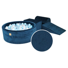 Cargar imagen en el visor de la galería, Foam 3 elements Playset with Ball Pit 90x30cm with 200 Balls Certified, Velvet Corduroy, Blue Marine, Balls: white, baby blue, transparent