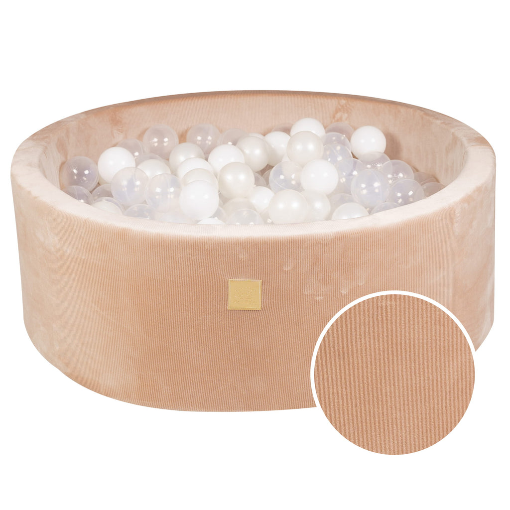 Baby Foam Round Ball Pit 90x30cm with 200 Balls 7cm Certified, Velvet Corduroy, Sand: white, white pearl, transparent