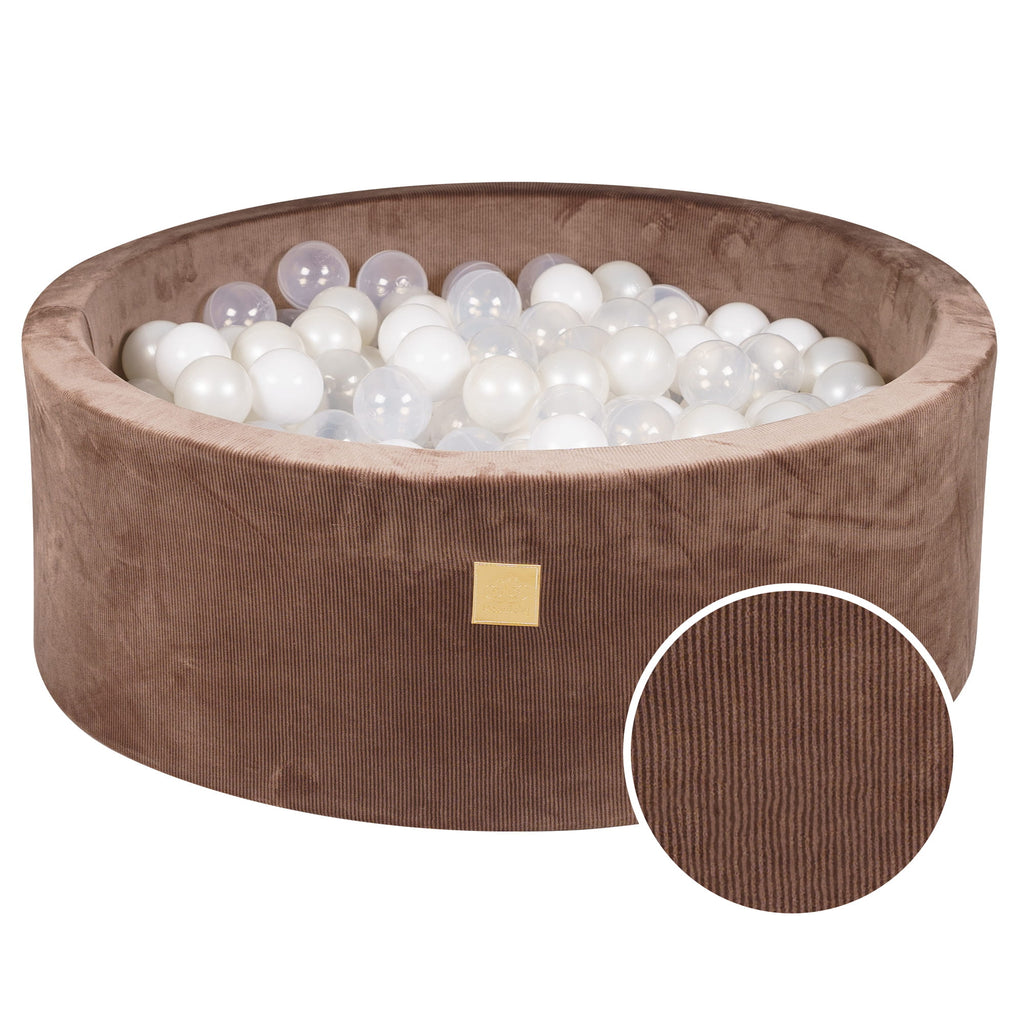 Baby Foam Round Ball Pit 90x30cm with 200 Balls 7cm Certified, Velvet Corduroy, Chocolate: white, white pearl, transparent