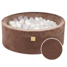 Cargar imagen en el visor de la galería, Baby Foam Round Ball Pit 90x30cm with 200 Balls 7cm Certified, Velvet Corduroy, Chocolate: white, white pearl, transparent