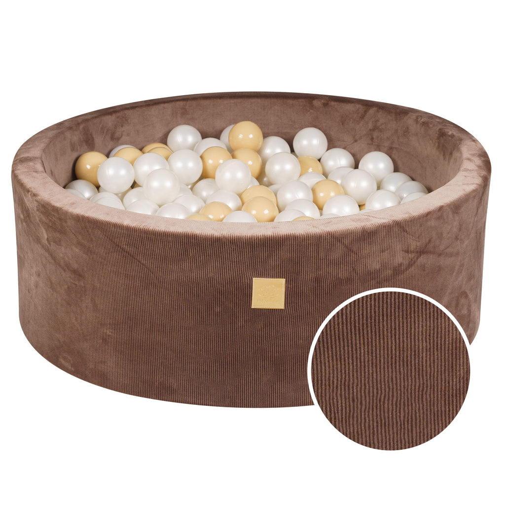 Baby Foam Round Ball Pit 90x30cm with 200 Balls 7cm Certified, Velvet Corduroy, Chocolate: beige, white pearl