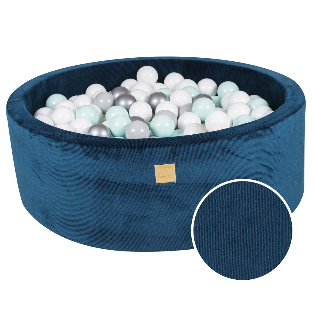 Baby Foam Round Ball Pit 90x30cm with 200 Balls 7cm Certified, Velvet Corduroy, Blue Marine: white, gray, silver, mint