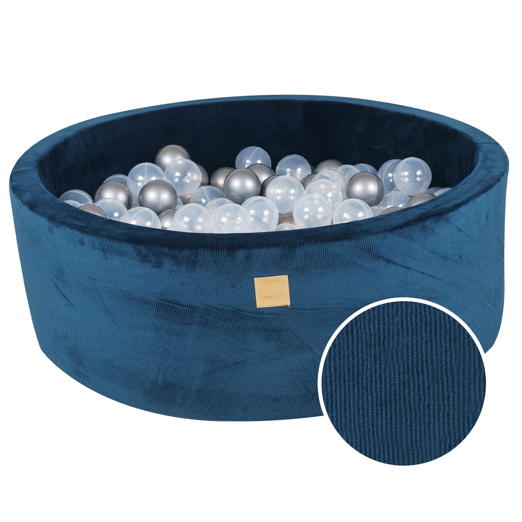 Baby Foam Round Ball Pit 90x30cm with 200 Balls 7cm Certified, Velvet Corduroy, Blue Marine: transparent, silver