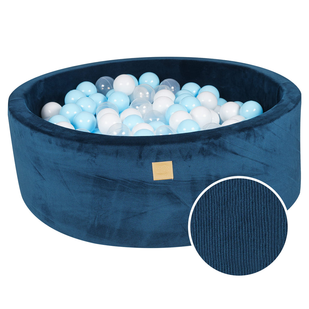 Baby Foam Round Ball Pit 90x30cm with 200 Balls 7cm Certified, Velvet Corduroy, Blue Marine: white, baby blue, transparent