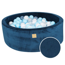 Laden Sie das Bild in den Galerie-Viewer, Baby Foam Round Ball Pit 90x30cm with 200 Balls 7cm Certified, Velvet Corduroy, Blue Marine: white, baby blue, transparent