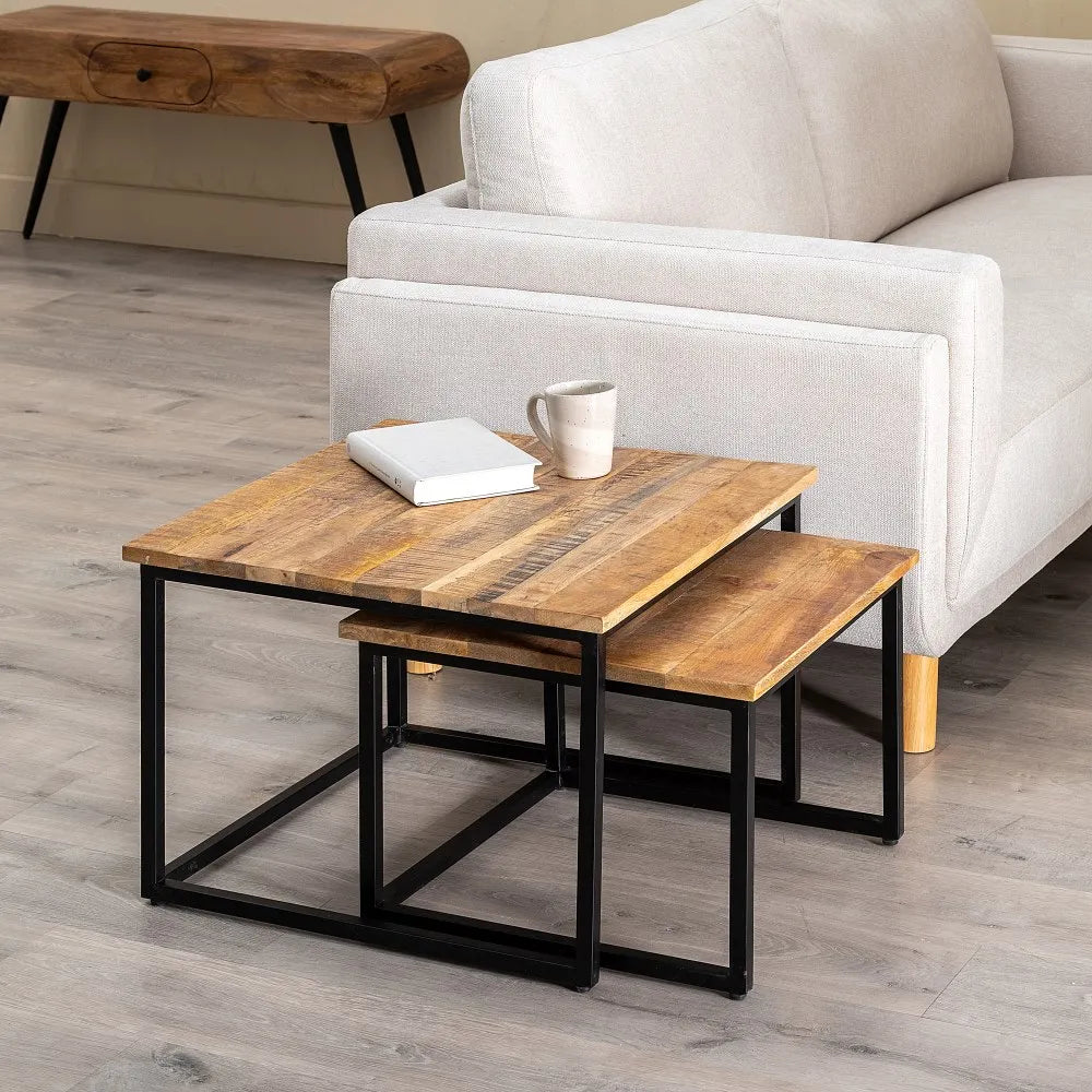 S/2 NATURAL WOOD-METAL COFFEE TABLE 60 X 60 X 42 CM