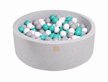 Laden Sie das Bild in den Galerie-Viewer, Baby Foam Round Ball Pit 90x30cm with 200 Balls 7cm Certified, Cotton, Light Gray: Turquoise/Gray/White