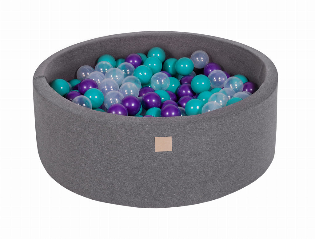 Baby Foam Round Ball Pit 90x30cm with 200 Balls 7cm Certified, Cotton, Dark Gray: Turquoise/Violet/Transparent