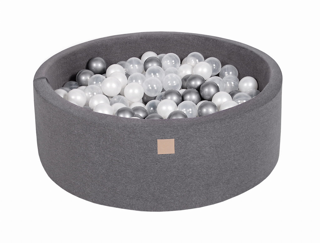 Baby Foam Round Ball Pit 90x30cm with 200 Balls 7cm Certified, Cotton, Dark Gray: White Pearl/Silver/Transparent