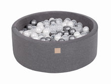 Cargar imagen en el visor de la galería, Baby Foam Round Ball Pit 90x30cm with 200 Balls 7cm Certified, Cotton, Dark Gray: White Pearl/Silver/Transparent