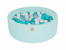 Laden Sie das Bild in den Galerie-Viewer, Baby Foam Round Ball Pit 90x30cm with 200 Balls 7cm Certified, Cotton, Mint: Turquoise/Transparent/White