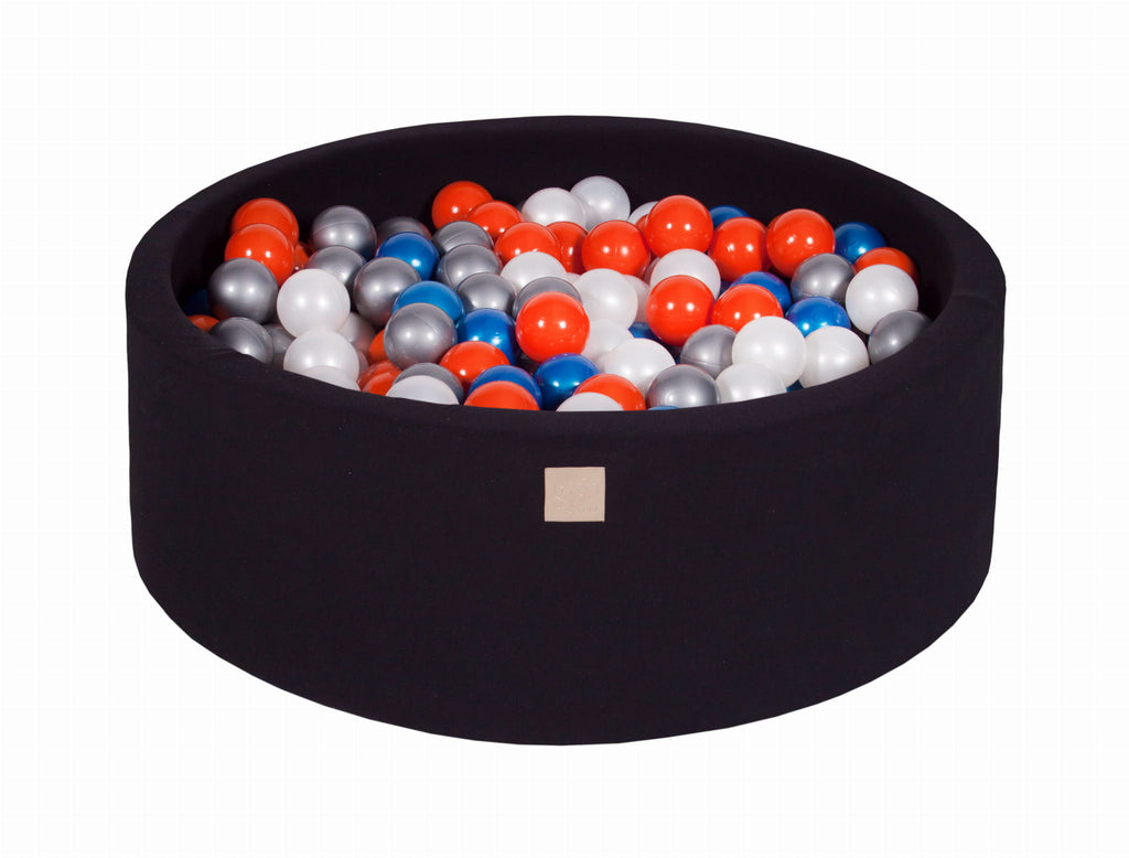 Baby Foam Round Ball Pit 90x30cm with 200 Balls 7cm Certified, Cotton, Black: Blue Pearl/White Pearl/Orange/Silver