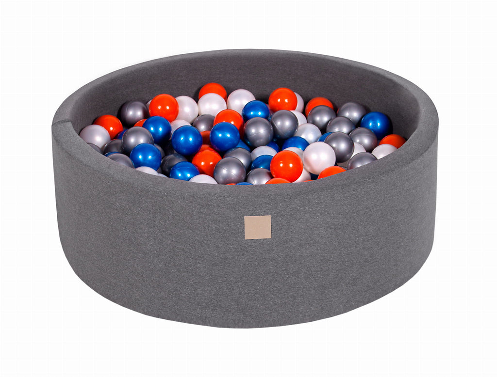 Baby Foam Round Ball Pit 90x30cm with 200 Balls 7cm Certified, Cotton, Dark Gray: Blue Pearl/White Pearl/Orange/Silver