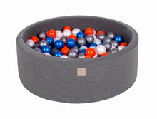 Load image into Gallery viewer, Baby Foam Round Ball Pit 90x30cm with 200 Balls 7cm Certified, Cotton, Dark Gray: Blue Pearl/White Pearl/Orange/Silver